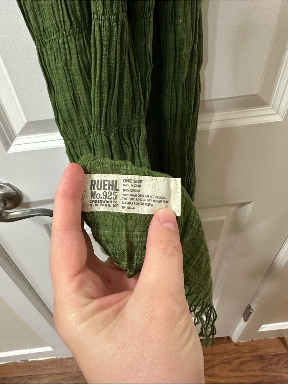 Ruehl No.925 Olive Green Crinkle Fringe Scarf - Picture 2 of 2